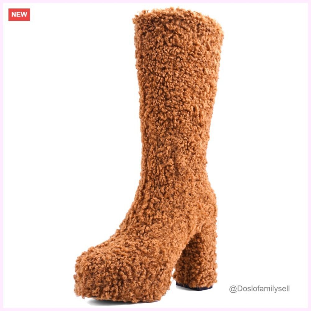 Mid Calf Faux Fur Platform Boots with Chunky Heel Side Zipper